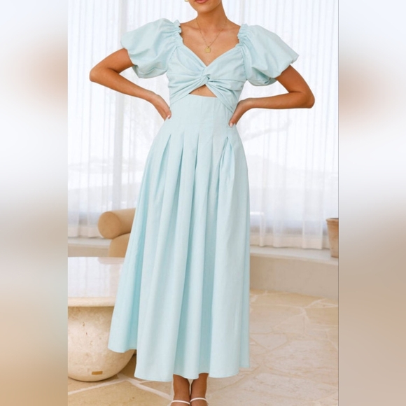 Elegant Light Blue Women's Sweetheart Neck Puff Sleeve Midi Dress - Picture 6 of 12